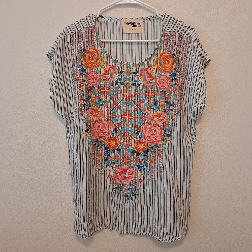 Savanna Jane Womens Large Embroidered Floral Boho Pinstripe Rayon Top 18669